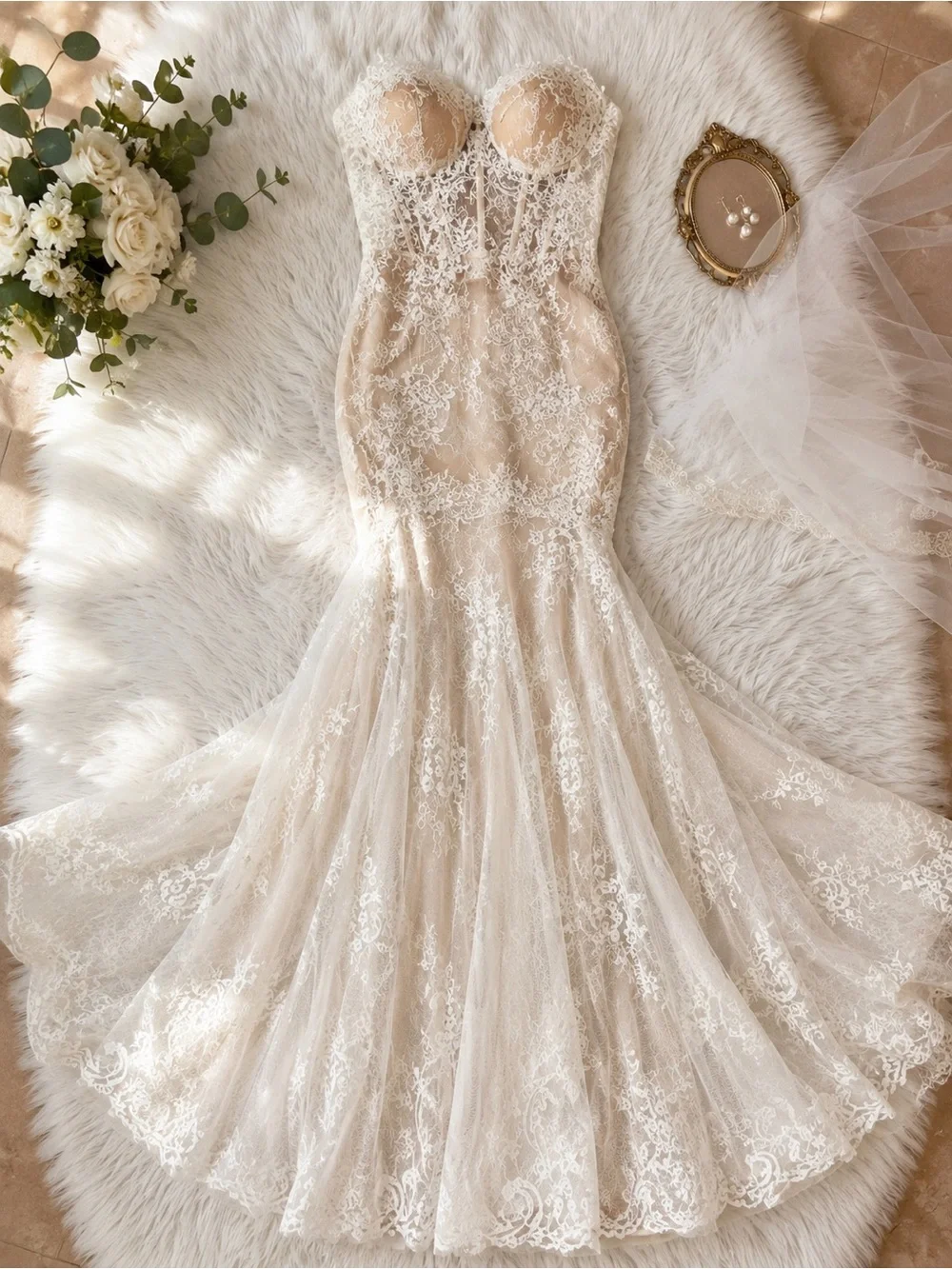 Ivory Lace Mermaid Wedding Dress Corset Back Size L